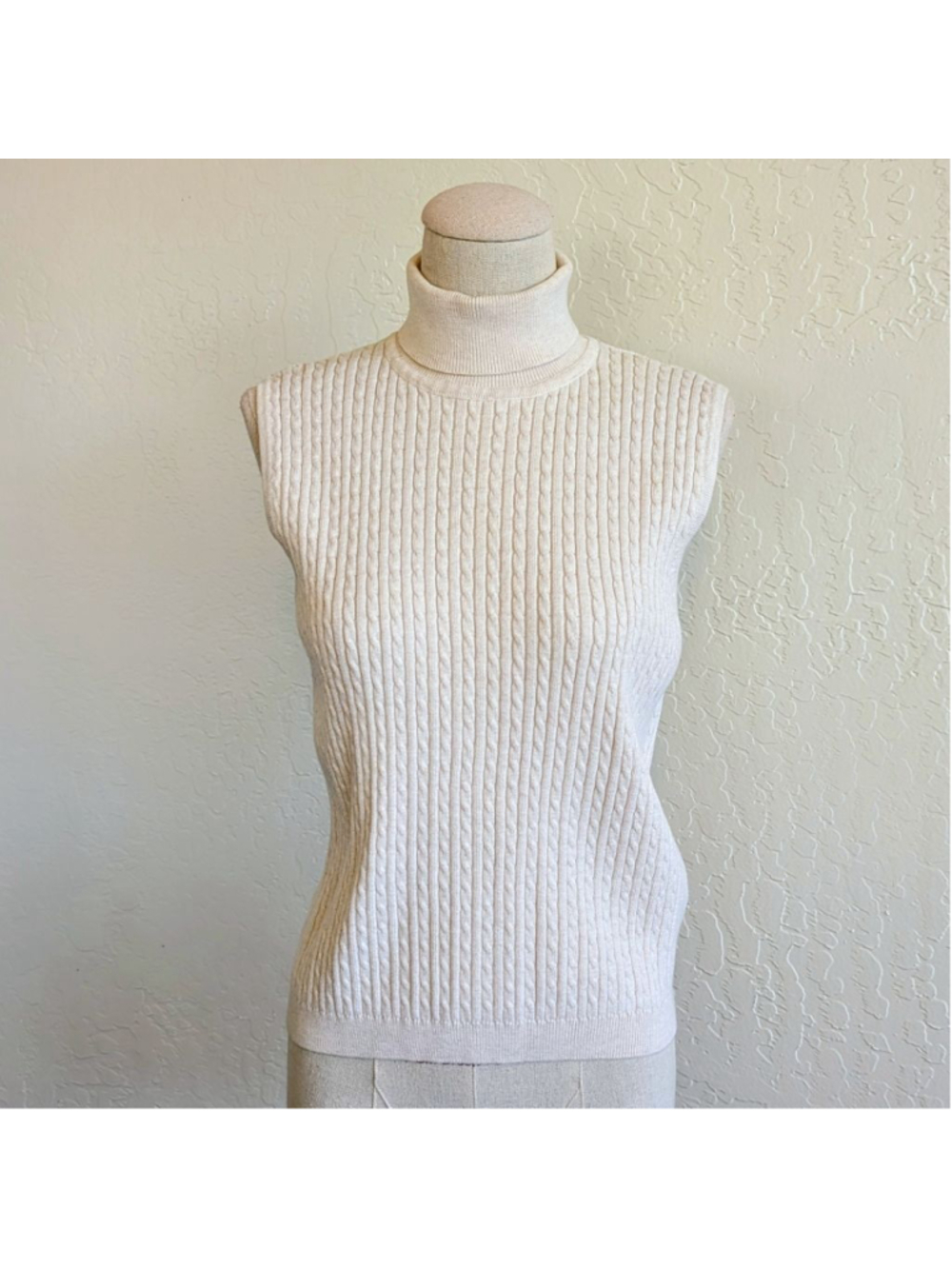 Jeanne Pierre Cable Knit Sleeveless Turtleneck Vest Cream Cotton Blend size PL